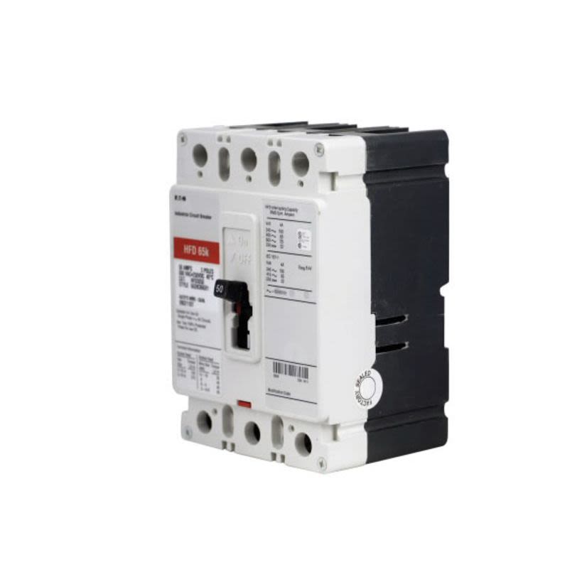 EATON Cutler-Hammer Series HFD3060 C Series Type HFD Molded Case Circuit Breaker, 600 VAC/250 VDC, 60 A, 65 kA Interrupt, 3 Poles, Thermal Magnetic/Non-Interchangeable Trip