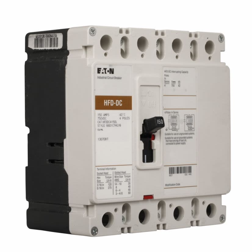 EATON HFDDC4015L C Series Type HFDDC Molded Case Circuit Breaker, 600 V AC/250 V DC, 15 A, 42 kA Interrupt, 4 Poles, Thermal Magnetic Trip