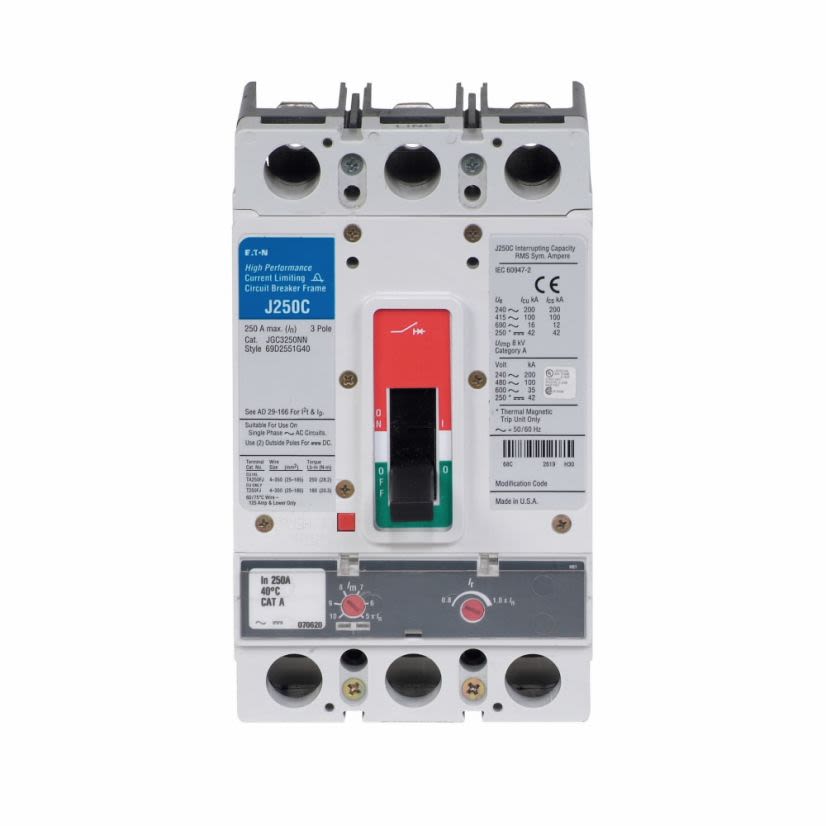 EATON Cutler-Hammer Series JGC3225FAG G Series Molded Case Circuit Breaker, 600 VAC, 225 A, 35/100/200 kA Interrupt, 3 Poles, Fixed Thermal/Adjustable Magnetic Trip