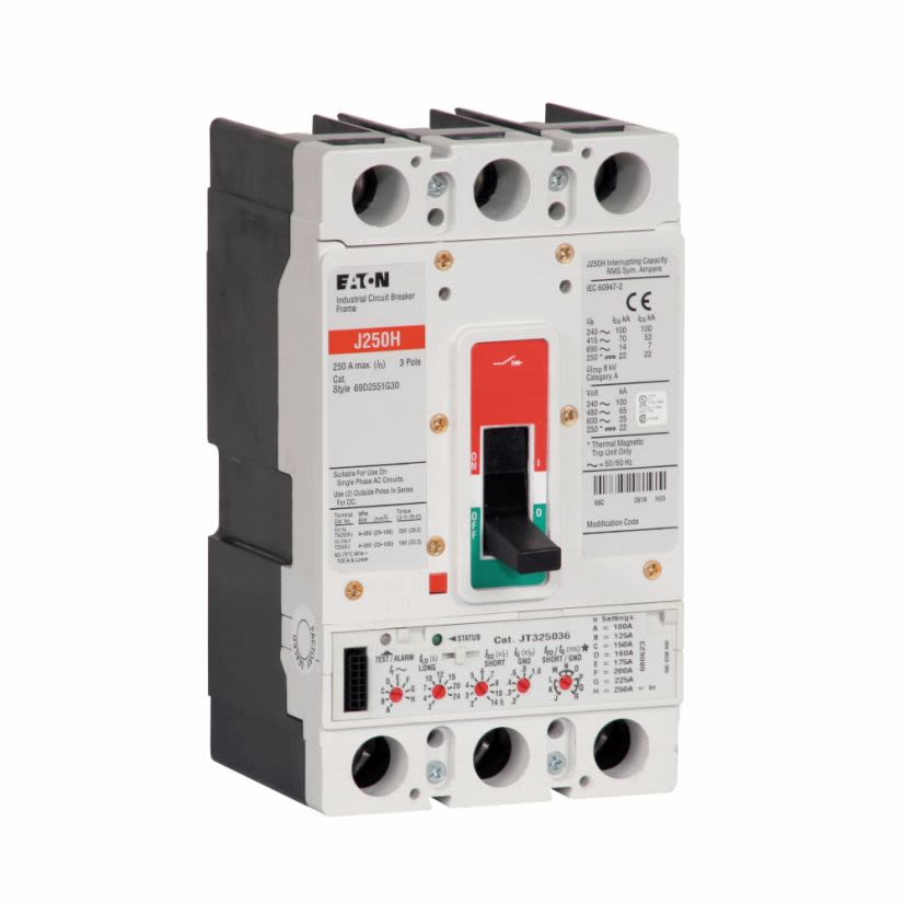EATON Cutler-Hammer Series JGH3125FAG Type JGH Molded Case Circuit Breaker, 600 VAC, 125 A, 25/65/100 kA Interrupt, 3 Poles, Adjustable Magnetic/Fixed Thermal Trip