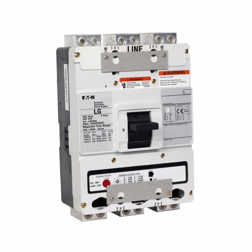 Eaton LG3600 C Series Type LG Engine Generator Molded Case Circuit Breaker, 600 VAC, 600 A, 14 kA Interrupt, 3 Poles, Fixed Thermal/Fixed Magnetic/Electronic Trip