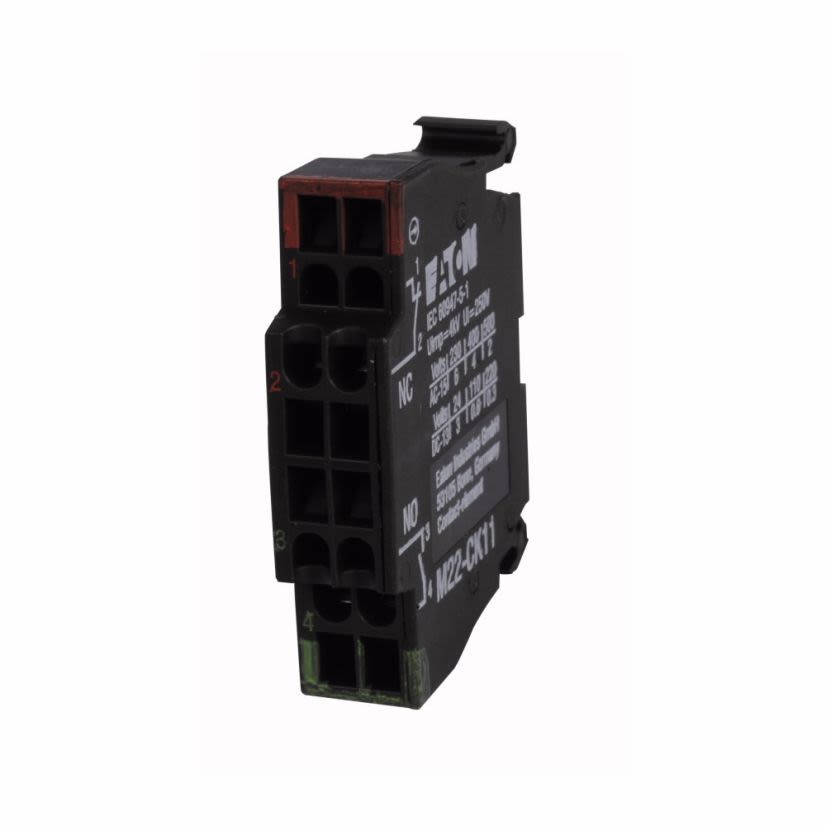 EATON Cutler-Hammer Series M22-CK11 Contact Block, 22.5 mm, 1NO-1NC Contact, 4 A at 230 VAC, 2 A at 500 VAC Contact, Momentary Action, Black