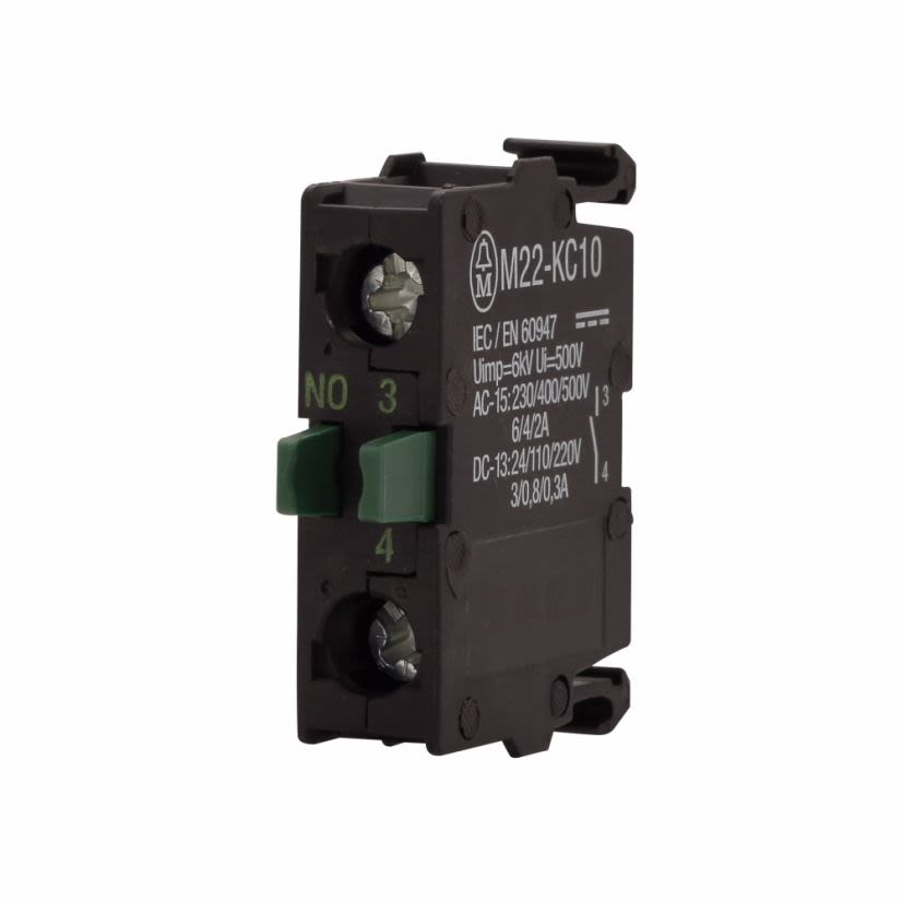 EATON M22-KC10 Non-Illuminated Contact Block, 22.5 mm, 1NO Contact, 4 A at 230 V AC, 2 A at 500 V AC Contact, Momentary Action, Black