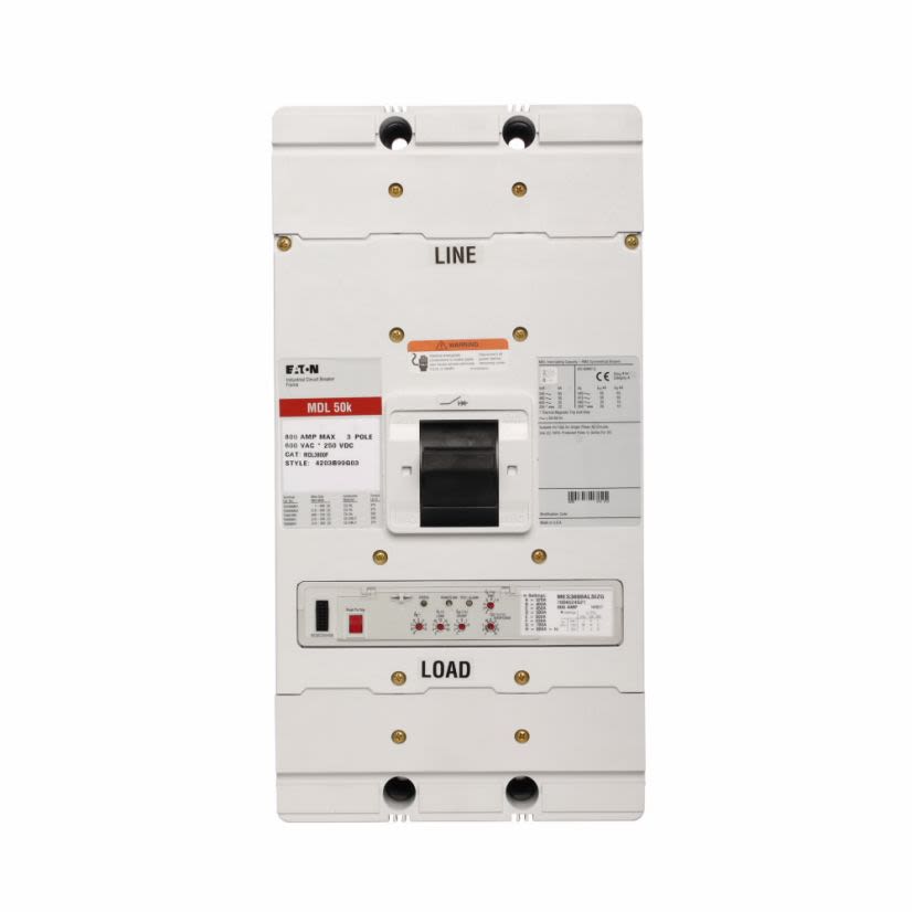 EATON MDL3800 C Series Type MDL Molded Case Circuit Breaker, 600 V AC/250 V DC, 800 A, 50/65 kA Interrupt, 3 Poles, Thermal Magnetic Trip