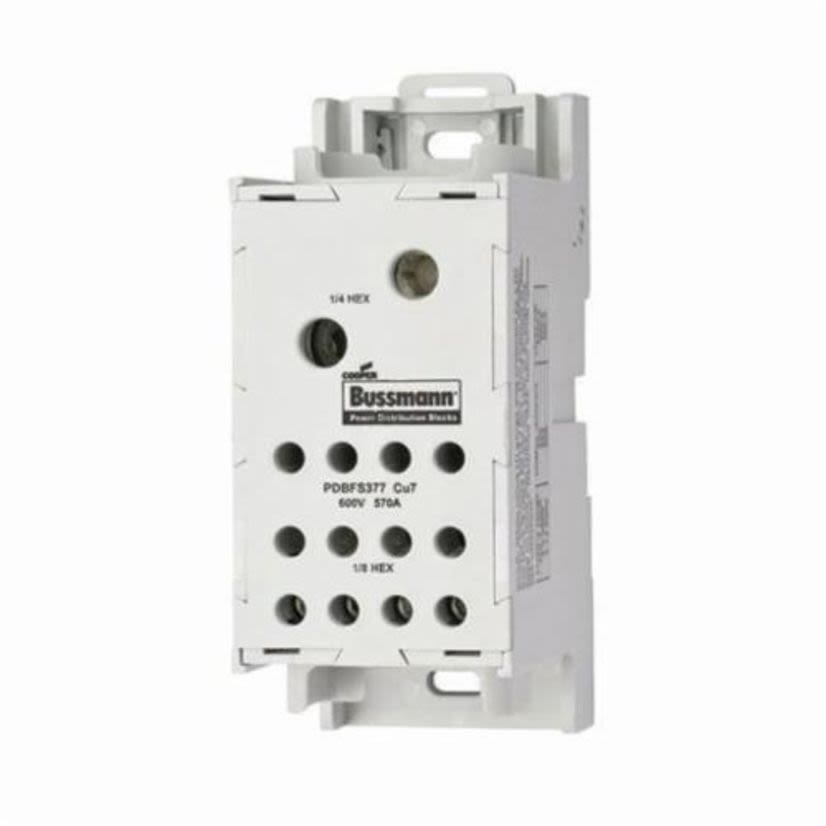 EATON Bussmann Series PDBFS377 Finger Safe Power Distribution Block, 600 VAC/VDC, 570 A, 1 Pole, 4 AWG to 300 kcmil Line, 14 to 4 AWG Load Wire, Aluminum/Copper