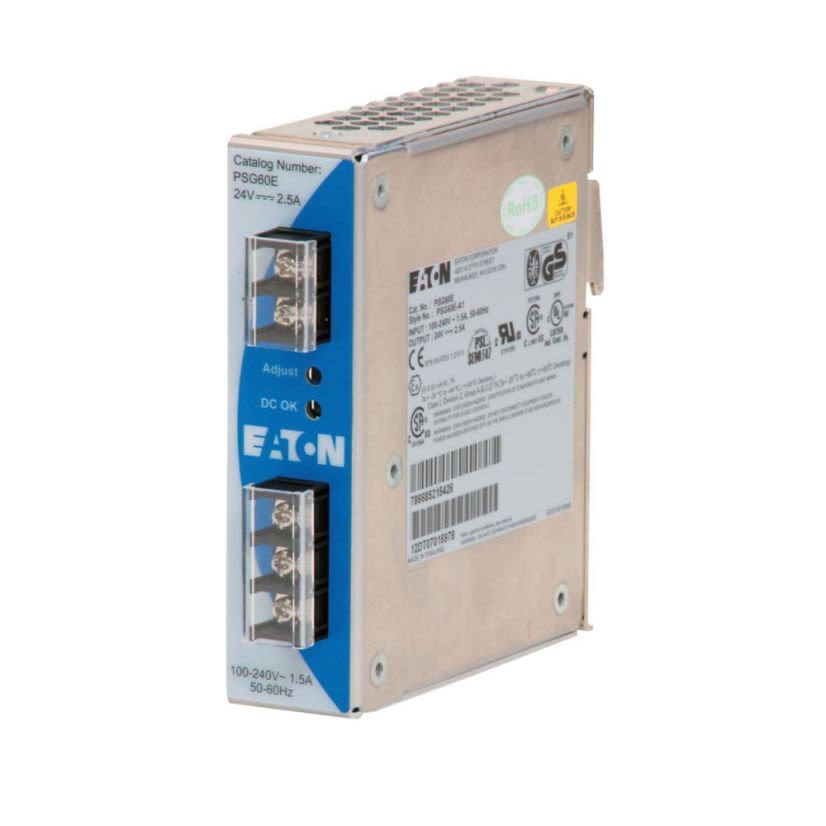EATON PSG30E12SP 1-Phase Switcher DC Power Supply, 100 to 240 V AC Input, 12 VDC Output, 30 W Power Rating, 0.7/2.5 A, DIN Rail Mount
