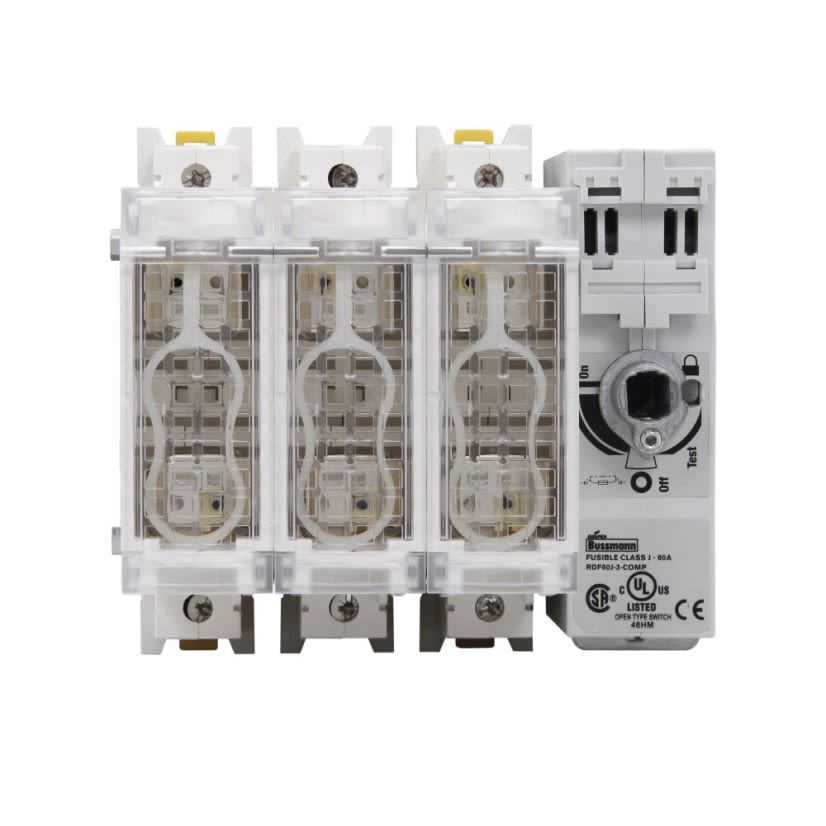EATON Bussmann Series RDF60J-3-COMP Class J Compact Fused Open Rotary Disconnect Switch, 600 VAC, 250 VDC, 60 A, 15 hp at 220/240 VAC/30 hp at 440/480 VAC/50 hp at 600 VAC/5 hp at 125 VDC/10 hp at 250 VDC, 1NO/1NC Contact, 3 Poles