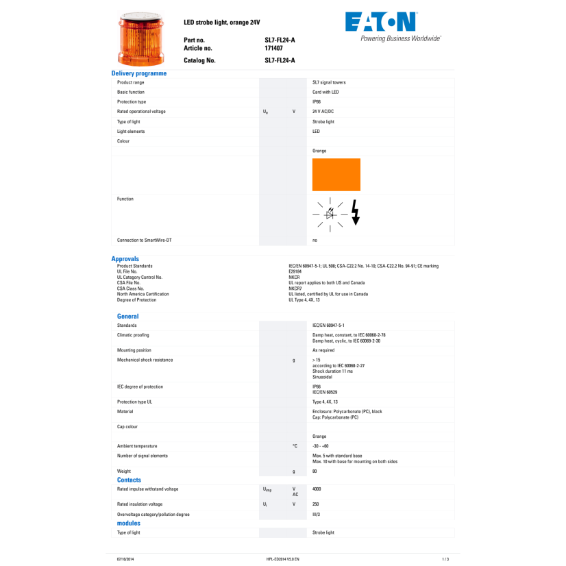 EATON SL7-FL24-A Light Module With LED, 24 V AC/DC, 70 mm Dia, Amber