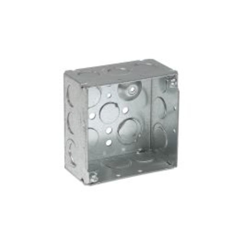 EATON Crouse-Hinds series TP403 Square Outlet Box, (2) 1/2 Inch, (2) 1/2 Inch, (1) 3/4 Inch E, 4 Inch, Conduit (no clamps), Welded, 2-1/8 Inch, Steel, (8) 1/2 Inch,(4) 1/2 Inch, (1) 3/4 Inch E, 30.3 cubic inch capacity