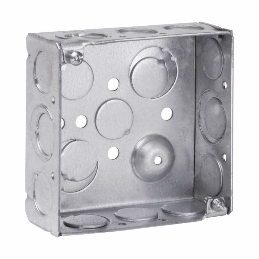 EATON Crouse-Hinds series TP404 Square Outlet Box, (2) 1/2 Inch, (2) 1/2 Inch, (1) 3/4 Inch E, 4 Inch, Conduit (no Clamps), Welded, 1-1/2 Inch, Steel, (8) 1/2 Inch,(4) 1/2 Inch, (1) 3/4 Inch E, 22.0 cubic inch capacity