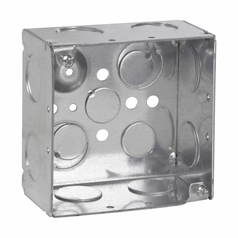 EATON Crouse-Hinds series TP432 Square Outlet Box, (2) 1/2 Inch, (2) 1/2 Inch, (1) 3/4 Inch E, 4 Inch, Conduit (no Clamps), Welded, 2-1/8 Inch, Steel, (8) 3/4 Inch, 30.3 cubic inch capacity