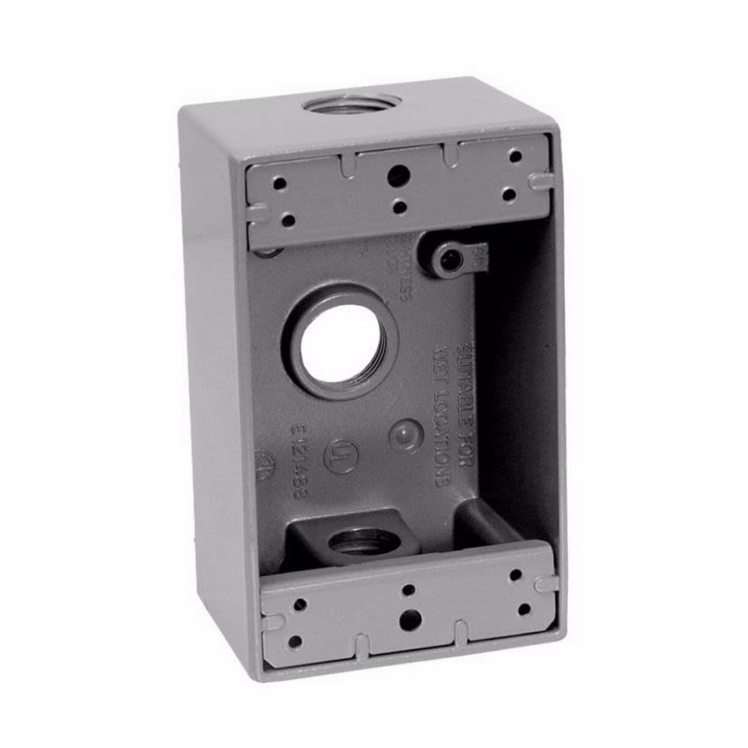 EATON Crouse-Hinds series TP7010 weatherproof outlet box, 18.0 cu in, Gray, 2 Inch deep, Die cast aluminum, Single-gang, (3) 1/2 Inch outlet holes, Rectangular, with lugs