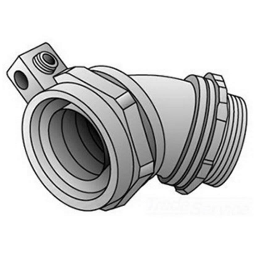 Emerson Electric O-Z/Gedney Ground-Tite® 4Q-475L Concretetight Liquidtight Oiltight Positive Grounding Raintight Conduit Connector With Lug, 3/4 in Trade, 14 to 4 AWG Cable Openings, 45 deg, Malleable Iron, Zinc Electroplated