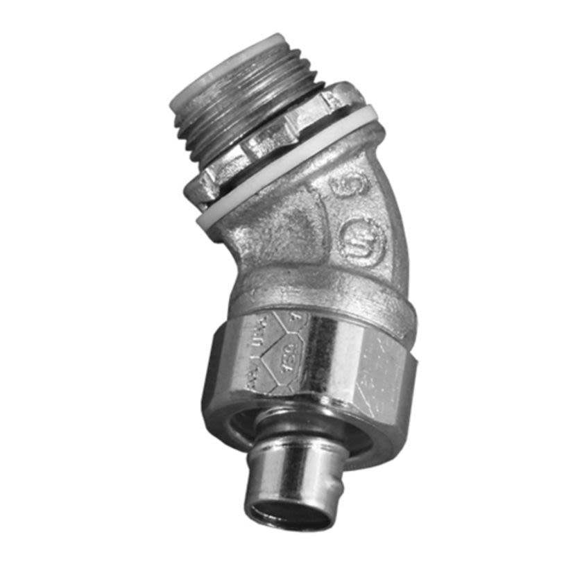 Appleton 4QS4250 Liquid Tight Non-Insulated Oiltight Raintight Conduit Connector, 2-1/2 in Trade, 45 deg, Malleable Iron, Zinc Electroplated