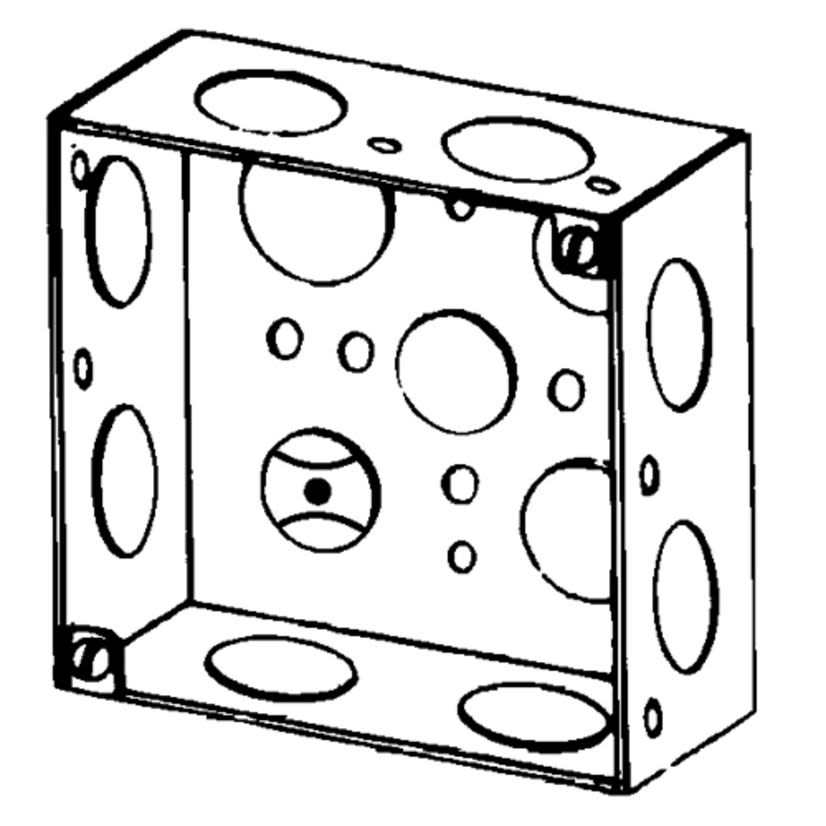 Appleton 4S-3/4 Square Box, Steel, 21 cu-in Capacity, (12) Outlets, (12) Knockouts, 4 in H x 4 in W x 1-1/2 in D