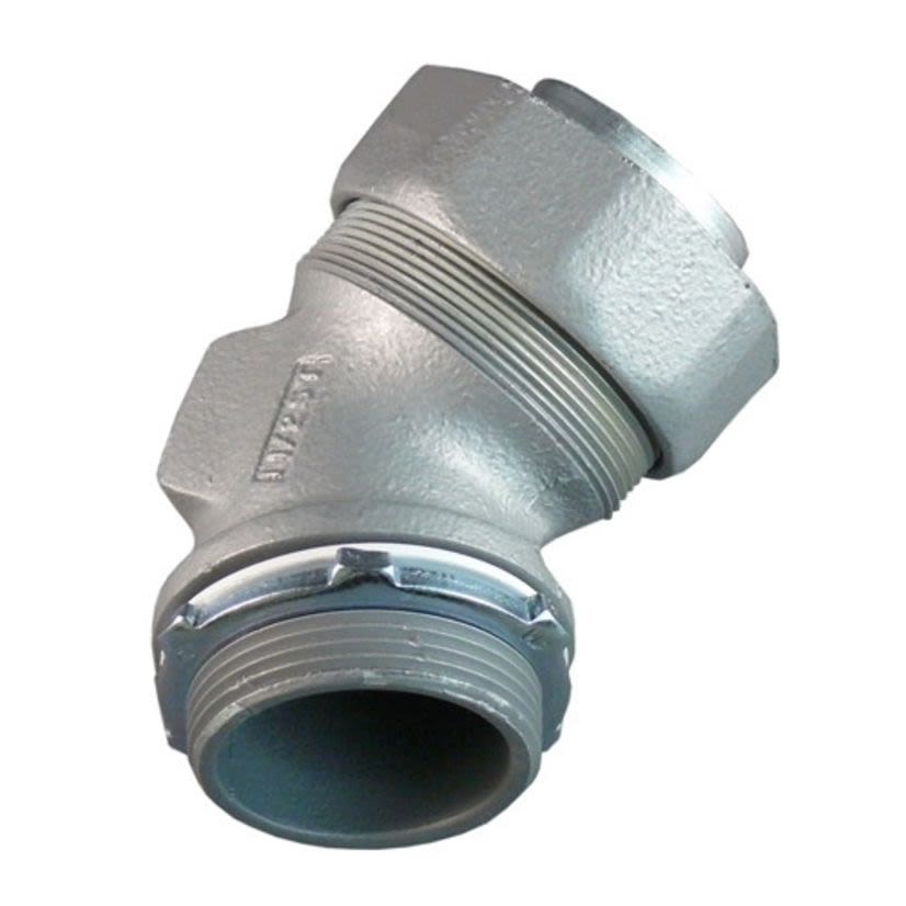 Emerson Electric Appleton® ST-45400 Liquidtight Oiltight Raintight Conduit Connector With Plain Throat, 4 in Trade, 45 deg, Malleable Iron, Triple Coated