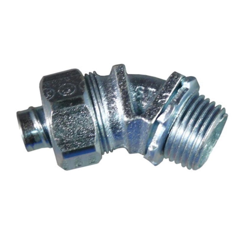 Appleton ST-4575 Liquid Tight Oiltight Raintight Conduit Connector With Plain Throat, 3/4 in Trade, 45 deg, Malleable Iron, Triple Coated
