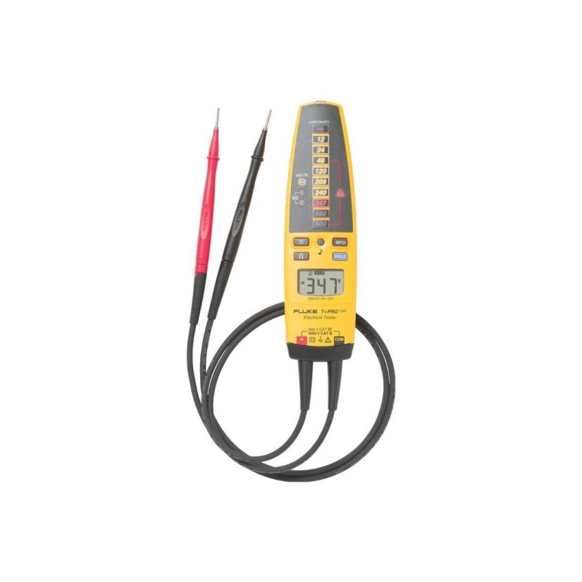 Fluke 2548117 T+PRO 3-Phase Handheld Electrical Tester, (2) AAA Batteries, <5 mA Input, 6/9/12 mA GFCI Test, 9.99 kOhm Resistance, LED Display
