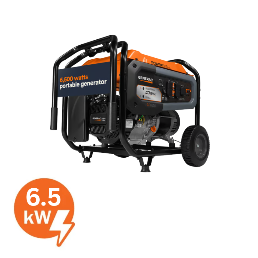 Generac 7680 GP Series Portable Generator, 120/240 V AC, 54.2/27.1 A, 6500 W Power Rating, OHV Engine, 3600 rpm Speed