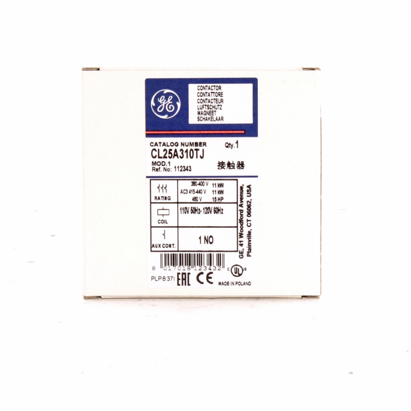 GE CL25A310TJ C-2000 Full Voltage Non-Reversing IEC Contactor, 110/120 VAC V Coil, 22 A at 460 VAC, 3NO Contact, 3 Poles