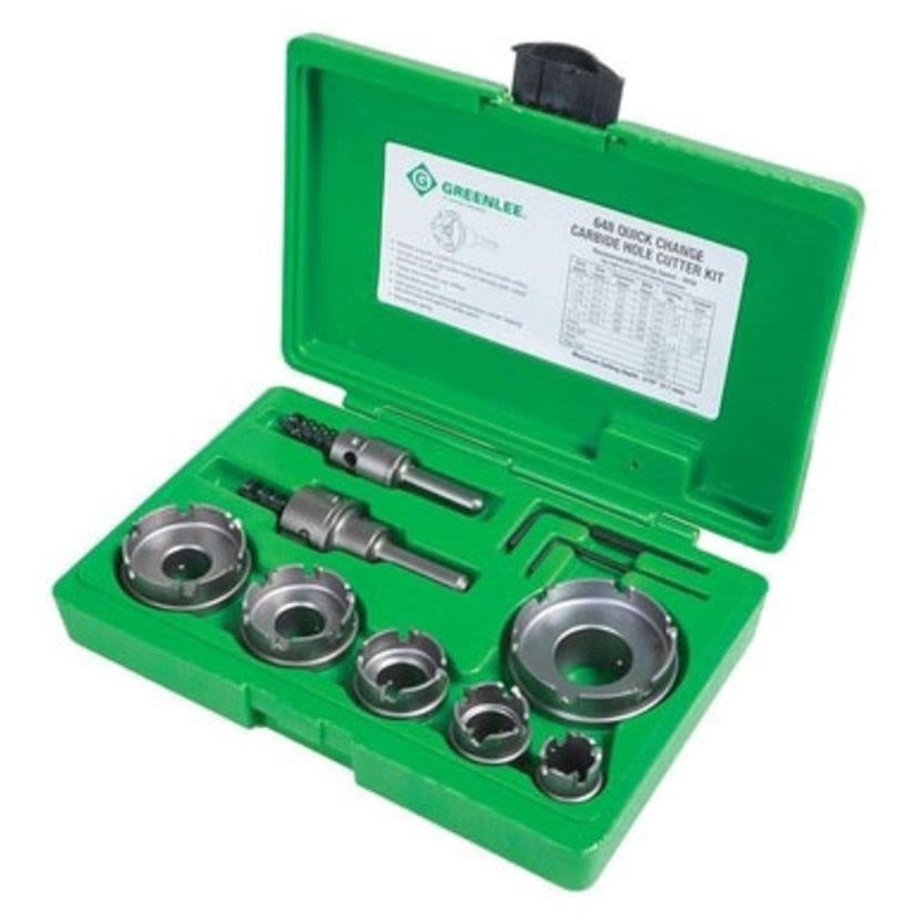 Greenlee 648 Quick-Change Hole Cutter Kit With Fixed Pockets, 7/8 in Dia Min Cutter, 2-1/2 in Dia Max Cutter, 8 Pieces, For Use With 1/2 to 2 in Conduit, Tungsten Carbide, Oxide Coated