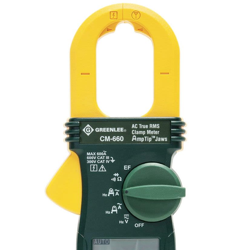Greenlee CM-660 AC True RMS Clamp Meter, 600 V AC/DC, 60/600 A, 600 Ohm/6/60 kOhm, 50/60 Hz, 1.18 in Jaw, LCD Display