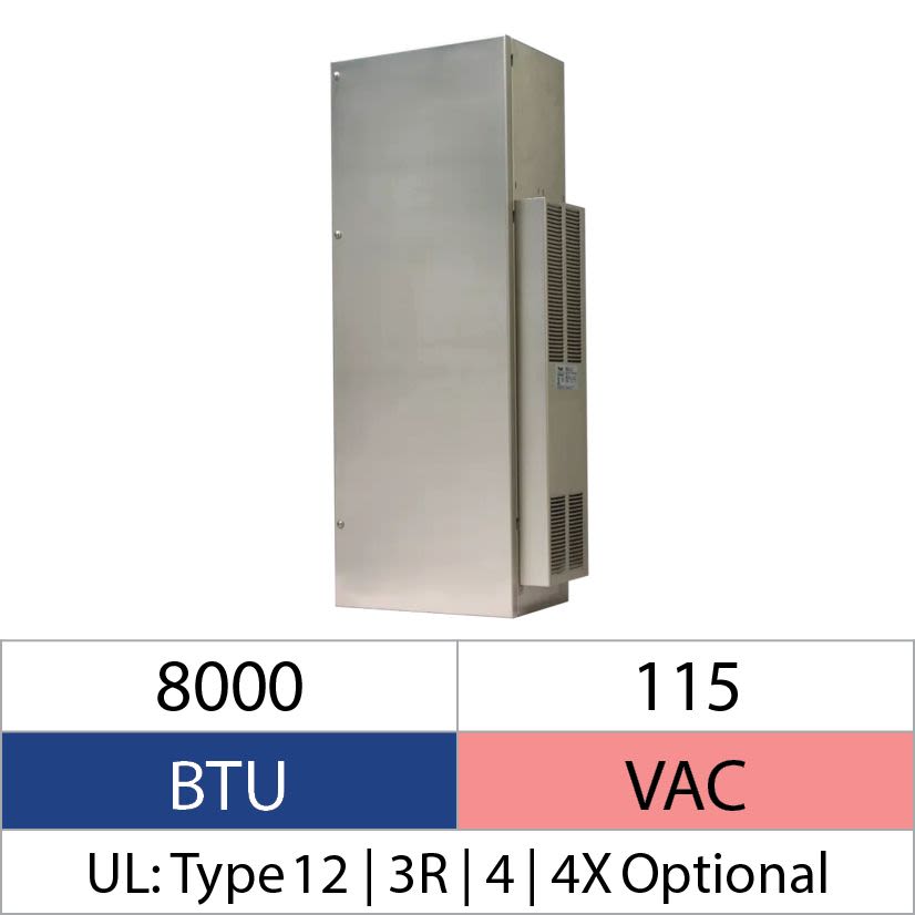 Hoffman ProAir CR430816G036 MCL 1-Phase Indoor/Outdoor/Corrosion Medium/Full Sealed Enclosure Air Conditioner, 115 V AC, 12.7 A, 50/60 Hz, NEMA 3R/4/4X/12 Enclosure, 8000 Btu/hr