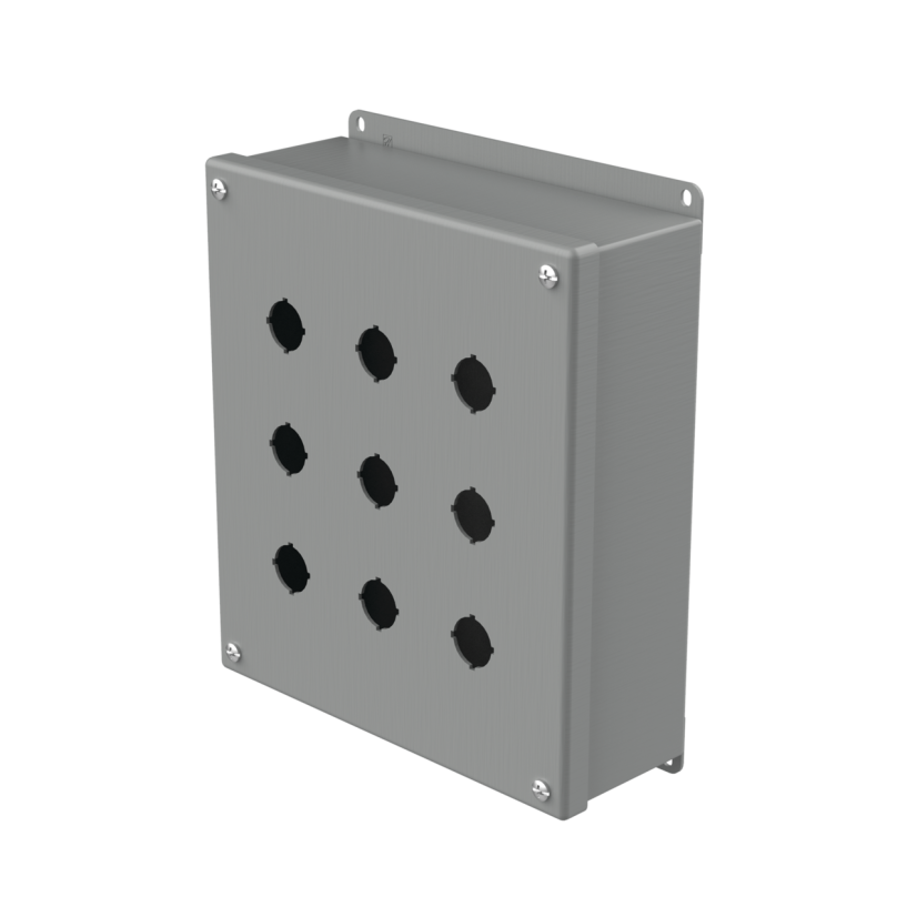 nVent HOFFMAN E9PBG PB1 Pushbutton Enclosure, 9-1/2 in L x 8-1/2 in W x 3 in D, 9 Outlets, NEMA 12/IP65 NEMA Rating, Steel