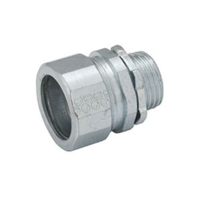 RACO 1802 Non-Insulated Compression Connector, 1/2 in Trade, 39/64 in Cable Openings, For Use With Rigid/IMC Conduit, Malleable Iron/Steel, Electro-Plated Zinc