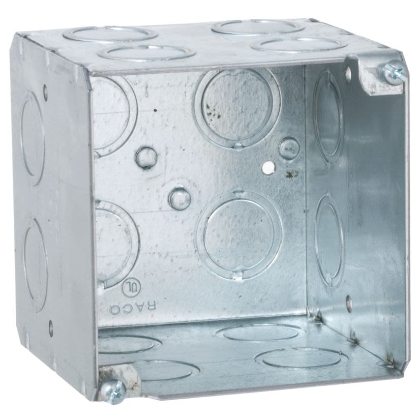 RACO 256 Large Capacity Square Box, Steel, 40.5 cu-in Capacity, 2 Gangs, (14) Knockouts, 3-3/4 in H x 3-3/4 in W x 3-1/2 in D