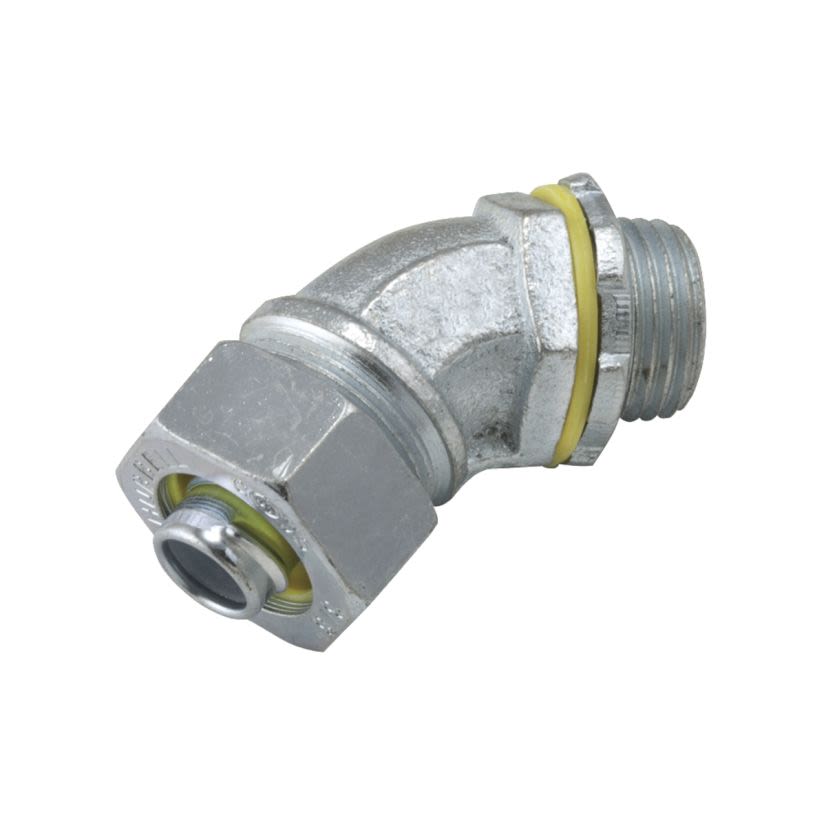 RACO 3444 Non-Insulated Conduit Connector, 1 in Trade, 45 deg, Malleable Iron/Steel, Electro-Plated Zinc
