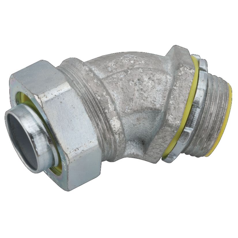 RACO 3564 Insulated Conduit Connector, 1 in Trade, 45 deg, Malleable Iron/Steel, Electro-Plated Zinc
