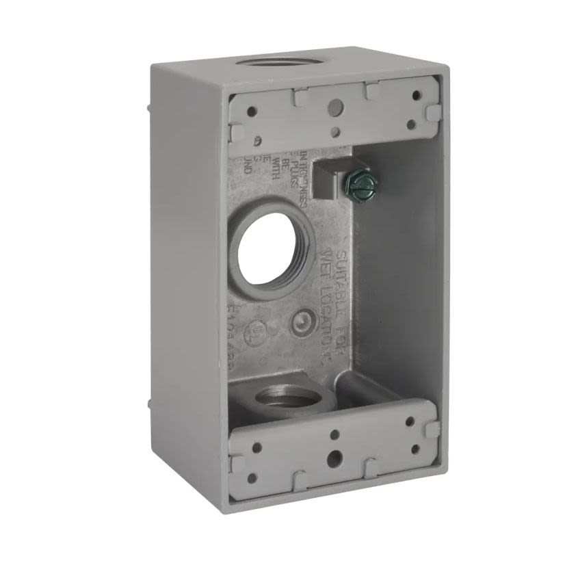 Hubbell BELL 5324-0 Weatherproof Outlet Box With Lugs, Die Cast Aluminum, 18.3 cu-in, 1 Gang, 3 Outlets, 4-1/2 in H x 2-3/4 in W x 2 in D