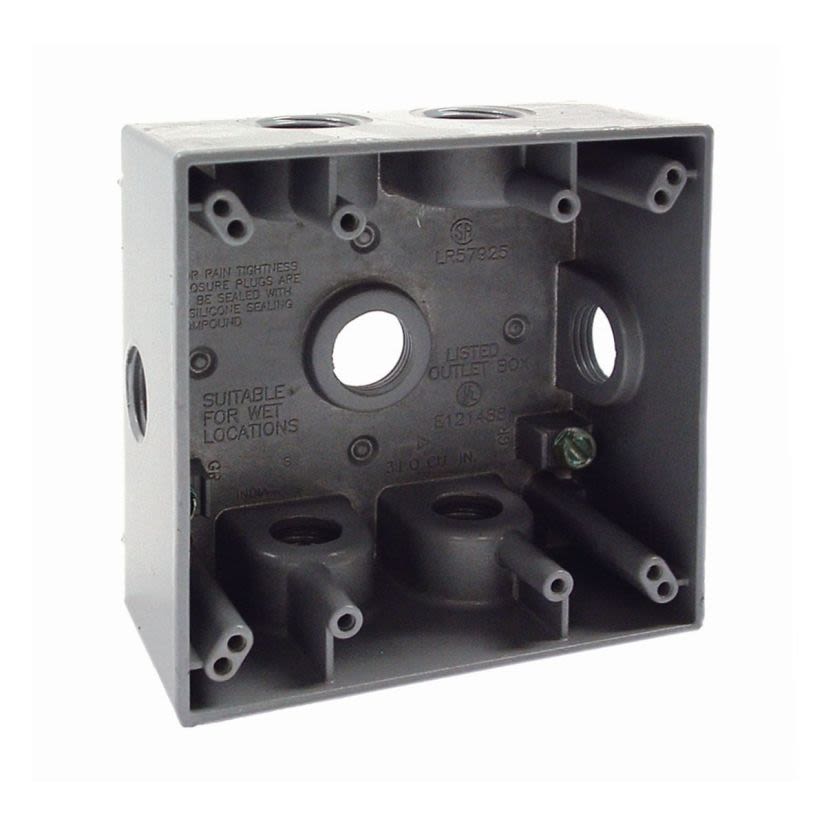 BELL 5338-0 Weatherproof Outlet Box, Die Cast Aluminum, 31 cu-in Capacity, 2 Gangs, (7) Outlets, 4-1/2 in H x 4-1/2 in W x 2-1/8 in D