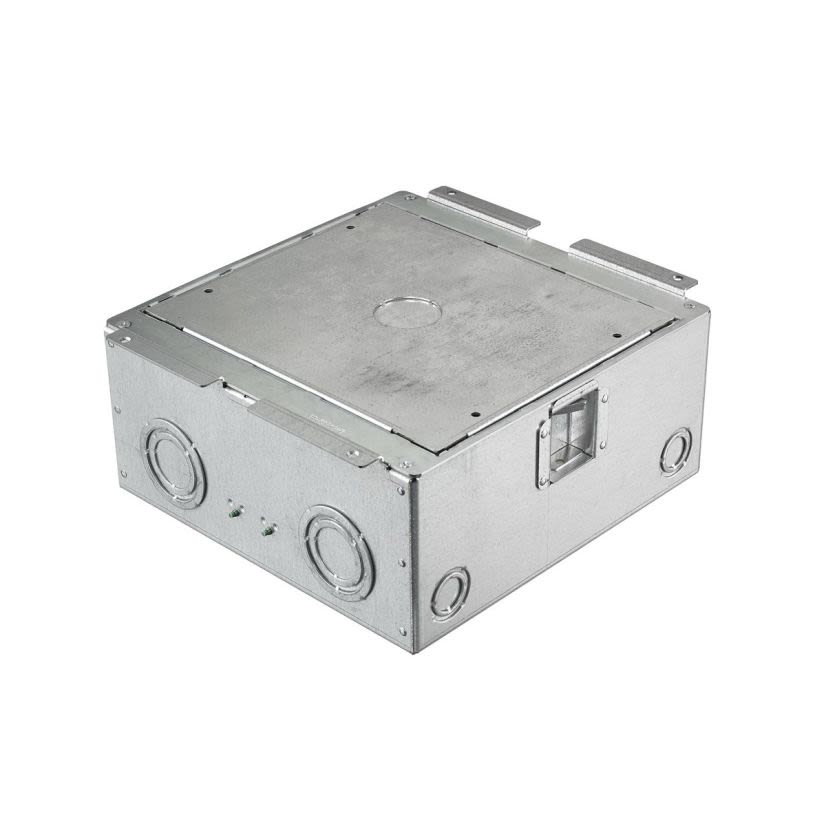 Hubbell Wiring Device-Kellems SystemOne™ AFB4G50 Floor Box, Steel, 57.5 cu-in Capacity, 4 Gangs, 8 Knockouts, 10.96 in L x 10.96 in W x 5.17 in H