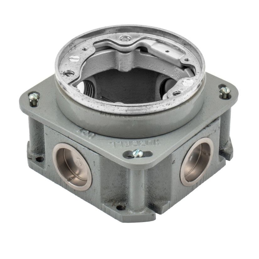 Hubbell Wiring Device-Kellems BA2536 Fully Adjustable Concrete Floor Box, Cast Iron, 33 cu-in Capacity, 1 Gang, 4 Knockouts, 4.84 in L x 4.84 in W x 3.05 in H