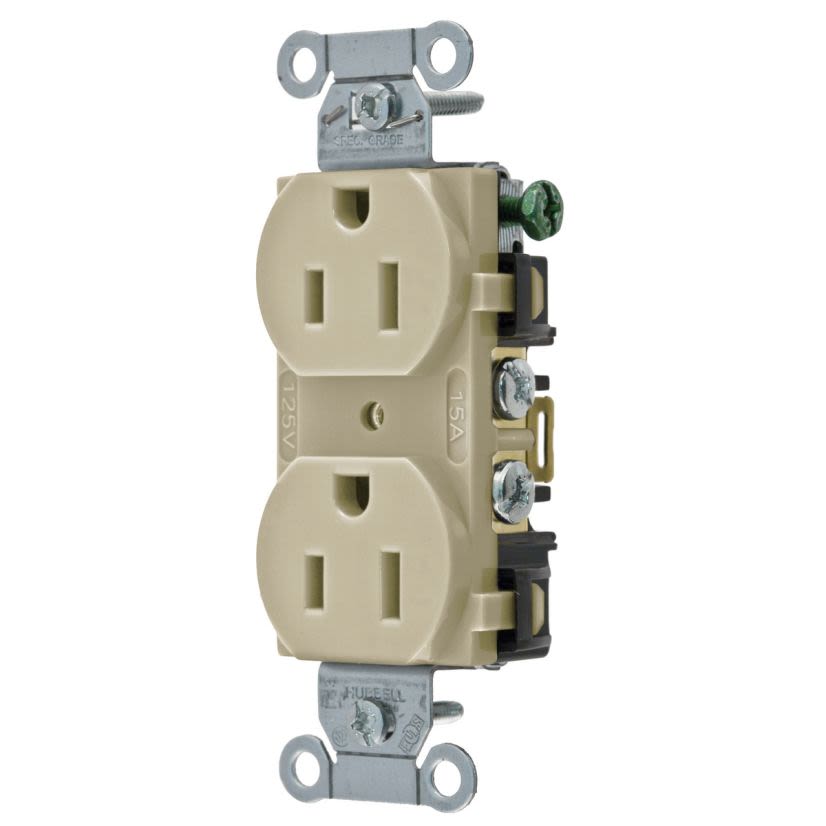 Hubbell Wiring Device-Kellems BR15I 1-Phase Duplex Self-Grounding Standard Traditional Screw Mount Straight Blade Receptacle, 125 V AC, 15 A, 2 Poles, 3 Wires, Ivory