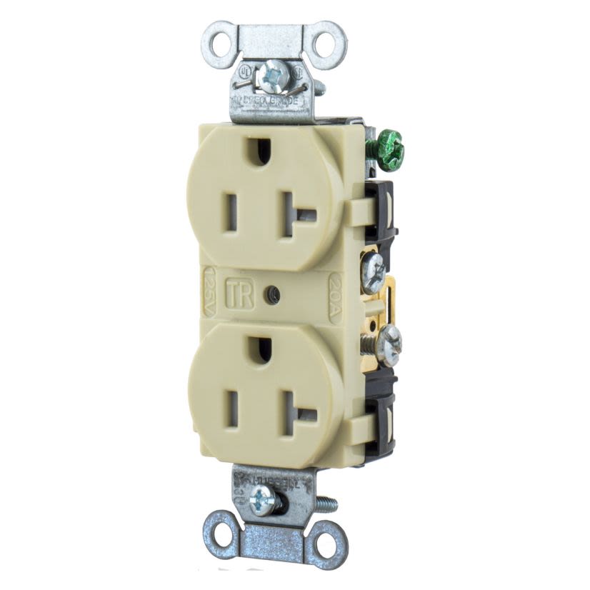 Hubbell Wiring Device-Kellems BR20ITR BR20 1-Phase Duplex Grounding Tamper-Resistant Screw Mount Straight Blade Receptacle, 125 V AC, 20 A, 2 Poles, 3 Wires, Ivory