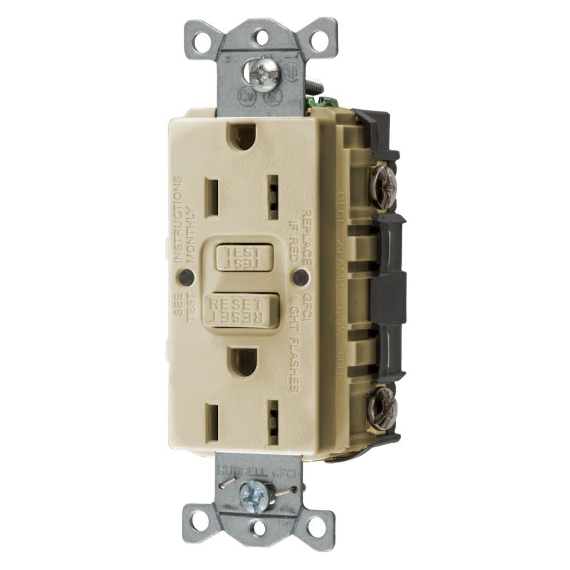Hubbell Wiring Device-Kellems AUTOGUARD Style Line GFRST15I Grounding Self-Test GFCI Receptacle With Auto Grounding, 125 VAC, 15 A, 2 Poles, 3 Wires, Ivory