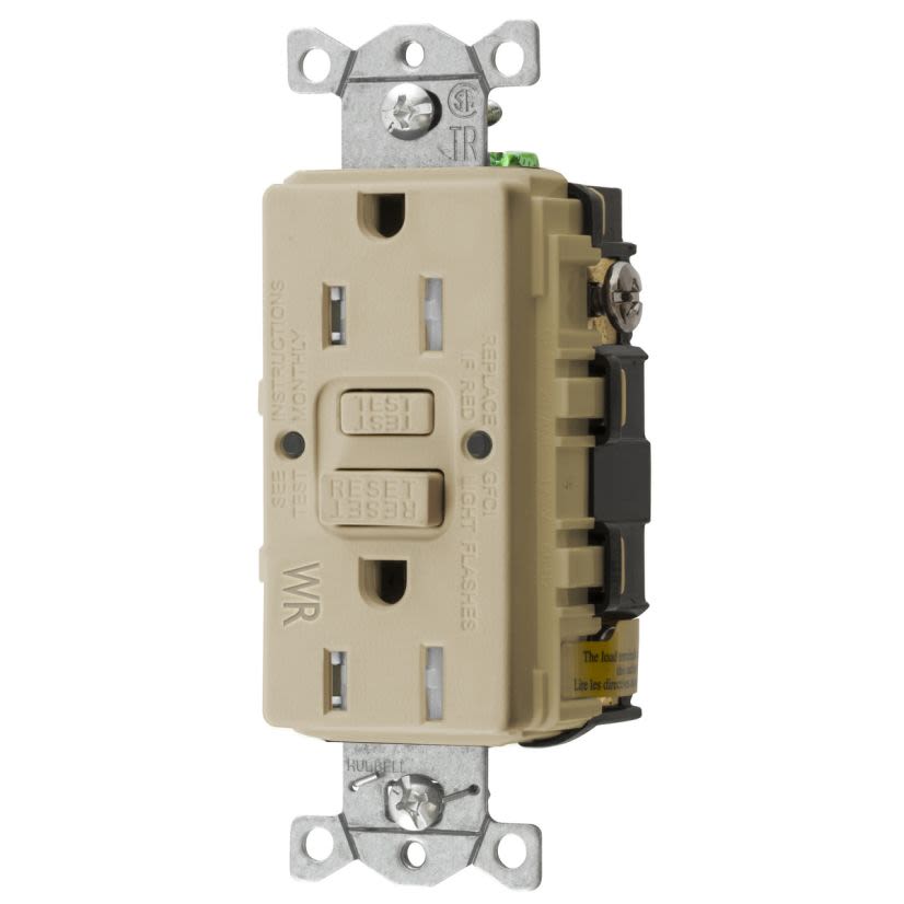 Hubbell Wiring Device-Kellems GFTWRST15I 1-Phase Decorator Duplex Standard Self-Test GFCI Receptacle, 125 VAC, 15 A, 2 Poles, 3 Wires, Ivory