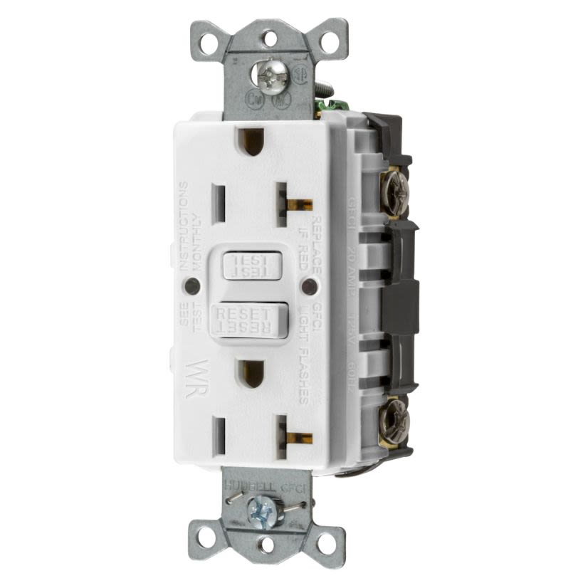 Hubbell Wiring Device-Kellems AUTOGUARD Style Line GFWRST20W 1-Phase Decorator Duplex Heavy Duty Standard Self-Test Weather-Resistant Screw Mount GFCI Receptacle, 125 VAC, 20 A, 2 Poles, 3 Wires, White