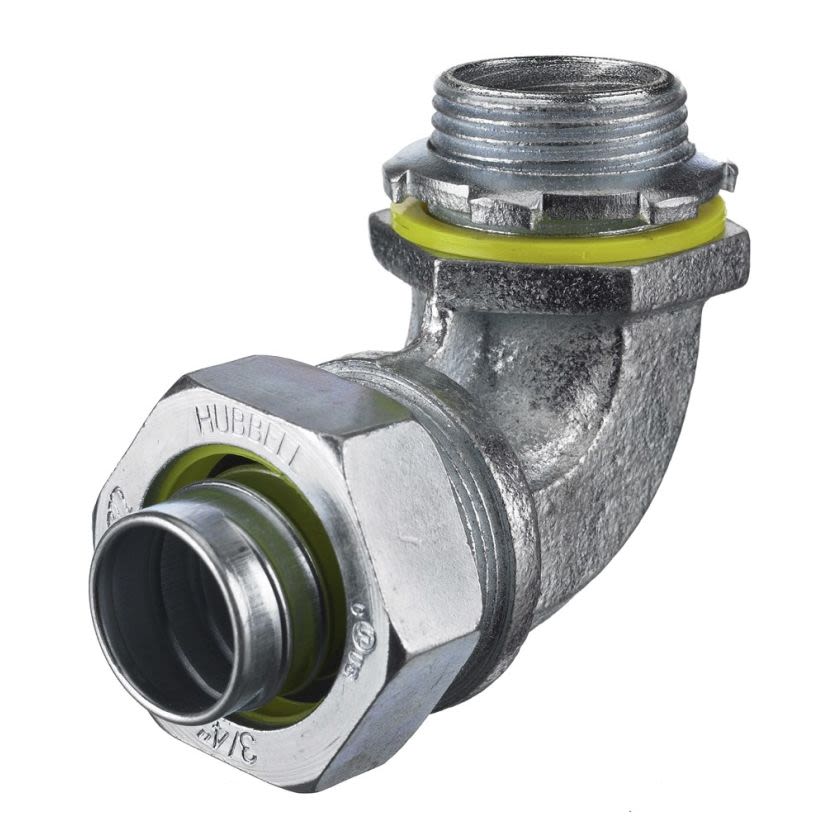 Hubbell Wiring Device-Kellems H0759 Non-Insulated Male Liquidtight Conduit Connector With Locknut, 3/4 in Trade, 90 deg, Steel, Metallic