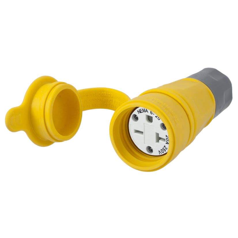 Hubbell Wiring Device-Kellems HBL15W48 Female Grounding Standard Watertight Cord Mount Straight Blade Connector, 250 V AC, 20 A, 2 Poles, 3 Wires, Yellow