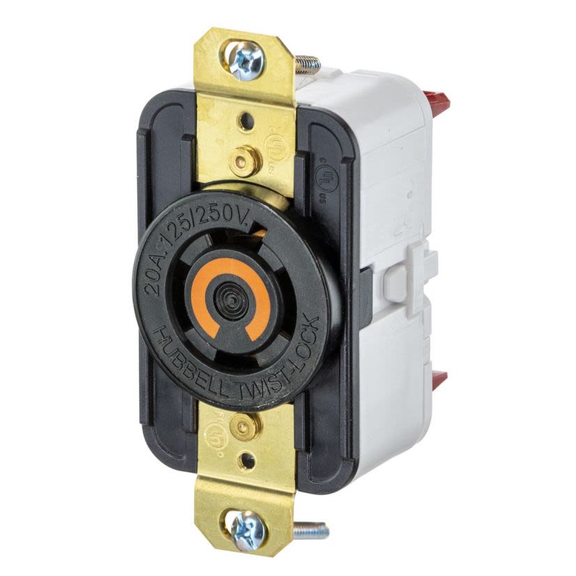 Hubbell Wiring Device-Kellems Twist-Lock HBL2410ST Single Flush Locking Receptacle With Spring Termination, 125/250 V AC, 20 A, 3 Poles, 4 Wires, Black