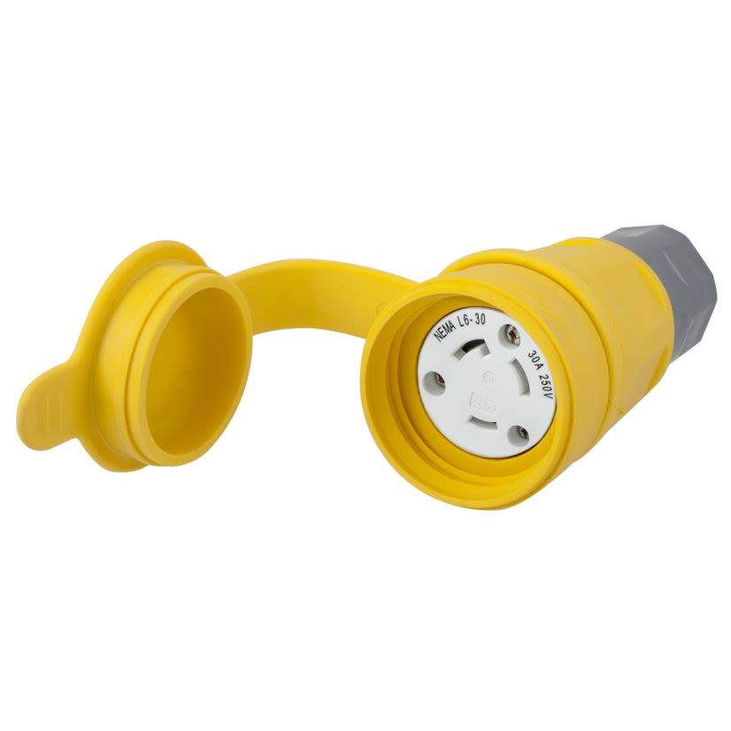 Hubbell Wiring Device-Kellems Twist-Lock Elastogrip HBL29W48 Isolated Grounding Standard Sized Water/Dust-Tight Cord Mount Watertight Female Connector, 250 V AC, 30 A, 2 Poles, 3 Wires, Yellow