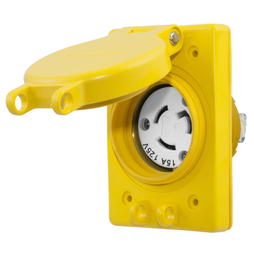Hubbell Wiring Device-Kellems HBL65W47 1-Phase Grounding Standard Single Watertight Screw Mount Locking Receptacle, 125 V AC, 15 A, 2 Poles, 3 Wires, Yellow