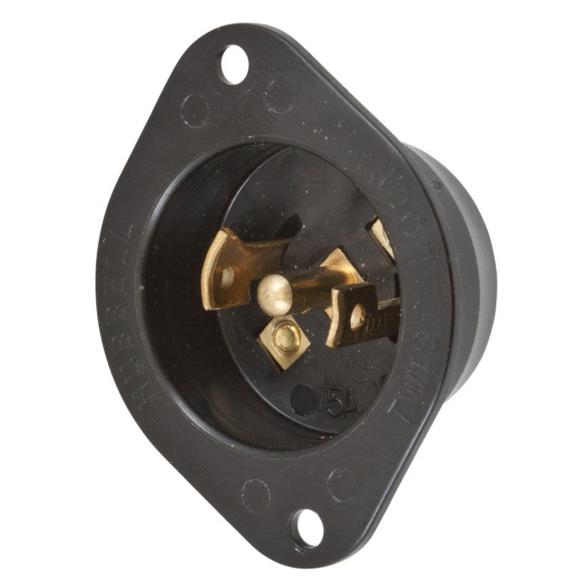 Hubbell Wiring Device-Kellems Midget Twist-Lock HBL7486N 1-Phase Non-Grounding Standard Locking Flanged Inlet, 125/250 VAC, 15 A, 3 Poles, 3 Wires, Black