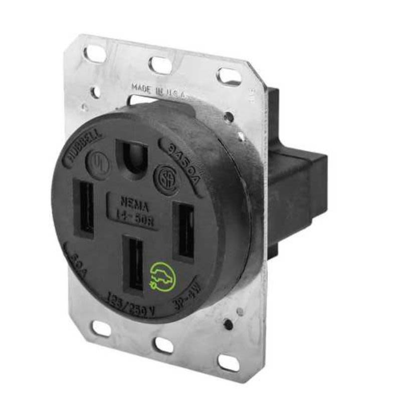 Hubbell Wiring Device-Kellems HBL9450A 1-Phase Grounding Heavy Duty Standard Single Straight Blade Receptacle, 125/250 VAC, 50 A, 3 Poles, 4 Wires, Black