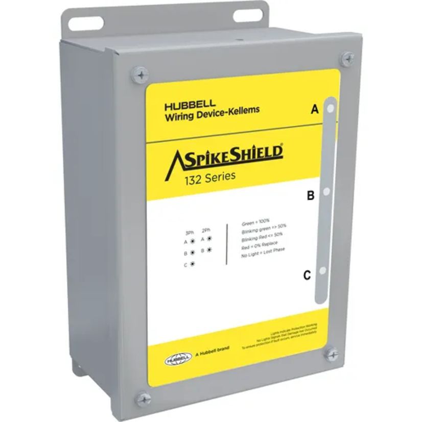 Wiring Device-Kellems HBL9P132S SpikeShield SPD Panel, Electrical Ratings: 480 V AC, 132 kA, 1 Poles, 132 kA Short Circuit, 3 ph Phase