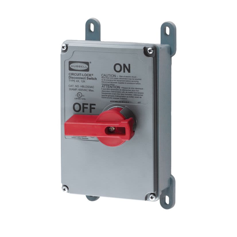Hubbell Wiring Device-Kellems Circuit-Lock HBLDS3NK Industrial Grade Labelless Non-Metallic Standard Unfused Disconnect Switch, 600 VAC, 30 A, 15 hp, 2-Position Contact, 3 Poles